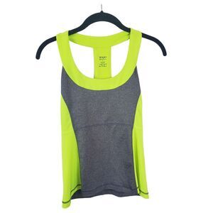 Vogo Athletics Athletic Tank Top Womens Small Built In Bra Grey Yellow Sleeveles
